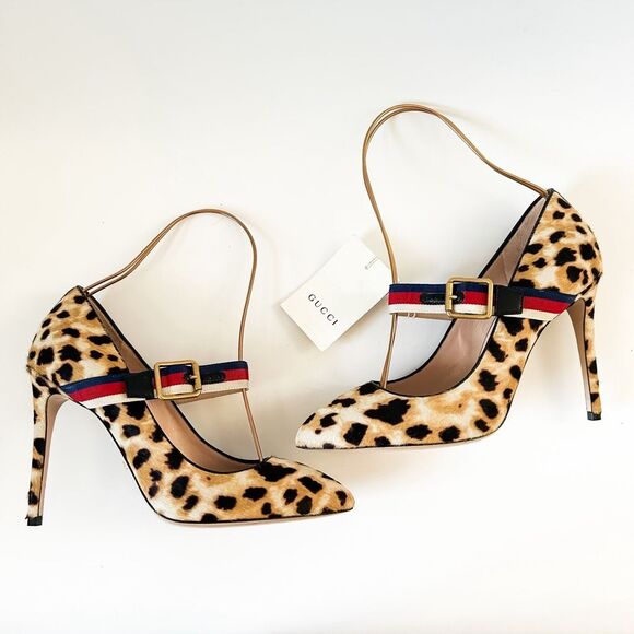 Gucci Web Stripe Sylvie Leopard Animal Print Heels Pumps 38.5, 8.5 - Picture 7 of 12